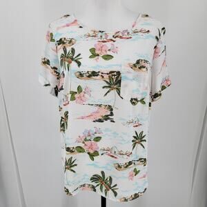 LC Lauren Conrad Blouse Womens Medium Tropical Beach Print Pocket Short Sleeve